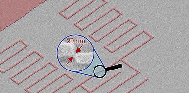 Rasterelektronenmikroskop-Aufnahme einer Quantenschaltung mit Superinduktor, Antenne und Kondensator. In der vergrößerten Ansicht ist die Qubit-Schaltung als Engstelle von nur 20 Nanometern sichtbar. (Grafik: Dennis Rieger, KIT)