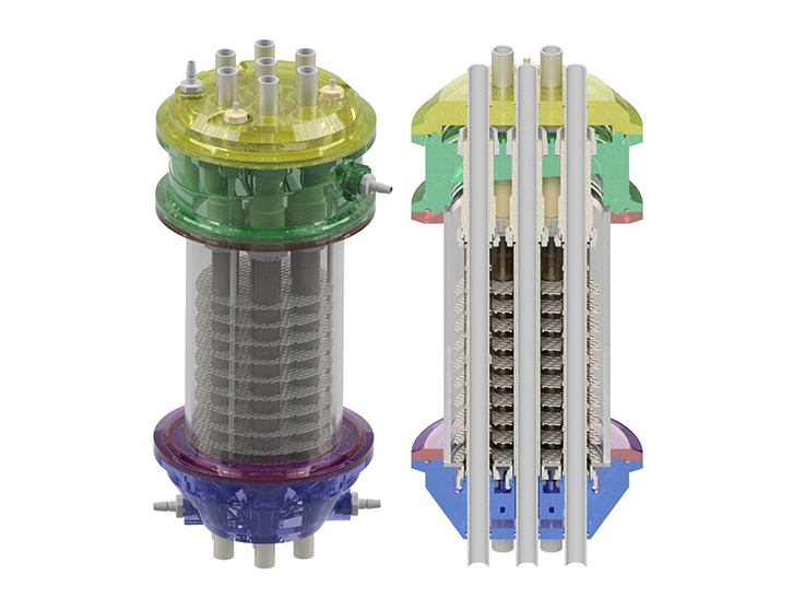 3D-Modell und Schnittmodell des Partikelelektrodenreaktors. Durch die räumliche Trennung der Elektrodenkammern mittels einer Ionenaustauschermembran können in beiden Kammern unterschiedliche chemische Milieus verwendet werden. Die Elektrodenpartikel (nicht im Bild enthalten) vergrößern dabei die Elektrodenoberfläche signifikant. (Bild: IFG)