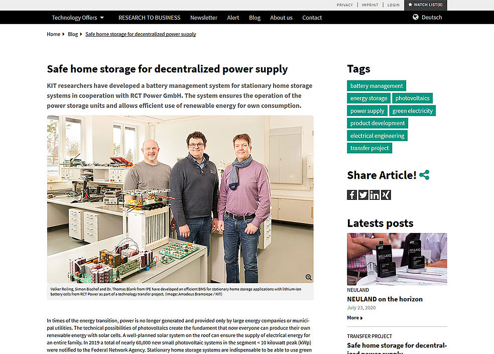 Article view of the blog: The new transfer blog of RESEARCH TO BUSINESS offers informative articles about transfer activities at KIT, which users can share and comment.
