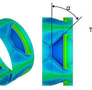 Grafik der Temperaturverteilung auf dem Ringsegment einer Rohrwand. Es sind grüne und blaue Flächen sichtbar, die ein geometrisches Muster ergeben. Mithilfe der Strukturen wird der Wärmeübertrag optimiert. (Bild: Sebastian Ruck / KIT)