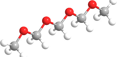 Molecule structure of a five-membered OME chain. Oxygen atoms are colored red, carbon atoms gray, and hydrogen atoms white.