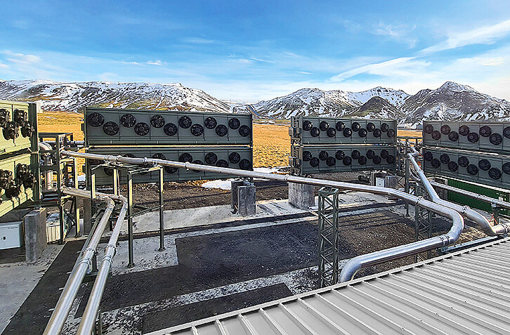 Example of a commercial Direct Air Capture & Storage plant "Orca" by Climeworks in Iceland. Orca captures carbon dioxide directly from the ambient air and separates it using an adsorption-desorption process. At its core is a special filter material that acts as a membrane. (Image: Climeworks GmbH)