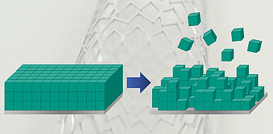Vordergrund: Schema einer abbaubaren Beschichtung (Bild: Meike König, KIT), Hintergrund: Stent (Bild: Frank C. Müller, CC BY-SA 4.0, https://commons.wikimedia.org/w/index.php?curid=3406044)