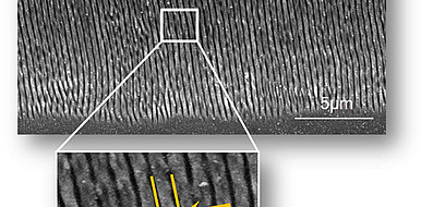 Mikroskopische Aufnahme der nanostrukturierter Oberflächen einer gefertigten Stromableiterfolien nach dem Kurzpulslaserstrahlen.