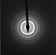 Electron diffraction image of a nanocrystalline, single-phase, metastable, cubic surface centred (Ti,Si)(Si,O) layer deposited with a TiC:SiO = 80:20 target.