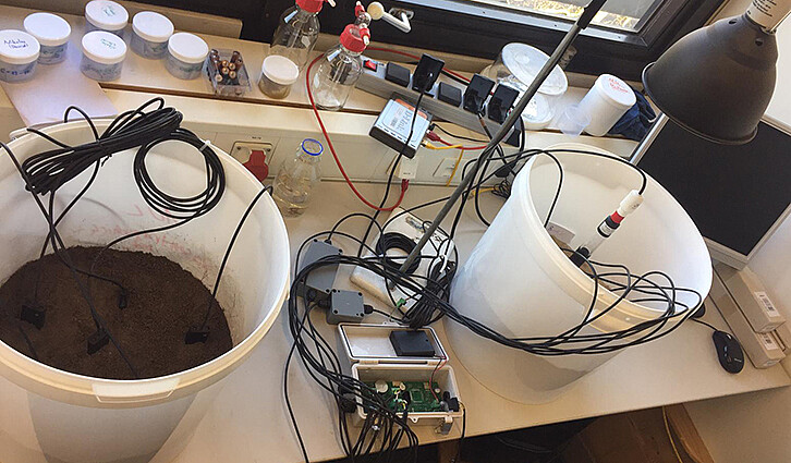 Versuchsaufbau zur Bodenfeuchtemessung in Sand mit Sensor-Prototypen und einem kommerziellen Tensiometer als Vergleich. Im Labor wurden Untersuchungen mit unterschiedlichen Böden durchgeführt, wie z.B. Lehm- oder Sandboden. (Bild: Institut für Mechanische Verfahrenstechnik und Mechanik / KIT)