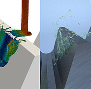 Ölschmierung eines Getriebezahlrads als berechnete Partikeldarstellung (links) sowie als aus der Berechnung erzeugte Animation (rechts). (Bild: Institut für Thermische Strömungsmaschinen / KIT)