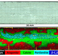 Cement paste image (top) and phase distribution (bottom) after carbonation. (Image: Institute of Technical Chemistry / KIT)