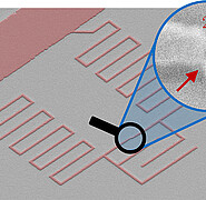 Vergleich zwischen Nanokontakt (1) und konventionellem Überlapp-Josephson-Kontakt (2): Nummer 1: Rasterelektronenmikroskop-Aufnahme einer Quantenschaltung mit Nanokontakt. (Quelle: KIT)