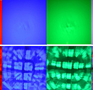 Verschiedenfarbige Ausleuchtung im Vergleich: Mit dem am KIT entwickelten Lichtmischstab (oben) und einem quadratischen Farbmischer (unten). 