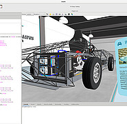The illustrated VR scene in the PolyVR user interface shows the virtual twin of a test vehicle. A blue line additionally visualizes the energy flow of hydrogen in the vehicle. (Image: Polina Häfner / KIT)