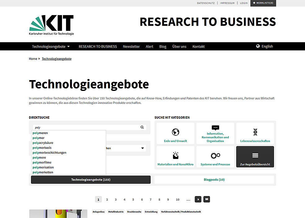 Suchfunktion des Blogs: Nutzer werden beim Technologiescreening aktiv mit vorgeschlagenen Suchbegriffen unterstützt.