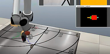 Simulation der Analyse mit Kamerabild und segmentierten Oberflächen. Der Roboterarm greift und dreht das Objekt selbstständig, um auch die Rückseite zu begutachten. (Bild: Prof. Dr.-Ing. Michael Heizmann / KIT)