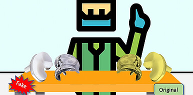 A graphical representation illustrates the yellow color reaction, which is visible to the naked eye, of a knee implant with the Bio-Tag after application of the substrate. In addition to implants, stents, heart valves etc. in the medical sector, the Bio-Tag can be used, for example, to check the authenticity of high-priced foodstuffs, cosmetics, biopharmaceuticals and even selected products in the manufacturing industry. (Image: Patrizia Gartner / KIT)