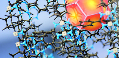 MOF sind hochporöse Materialien, die Moleküle oder Nanopartikel (orange) einlagern können.