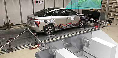 The vehicle-in-the-loop chassis dynamometer at the IPEK is not only suitable for testing vehicles, but also as a test environment for testing equipment. The platform with roller drive, sensor stimulation and environment simulation can be used flexibly. (Image: IPEK / KIT)