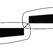 Schematik zur Belichtung des Fotolacks zur Herstellung des Josephson-Kontakts mittels Elektronenstrahllitographie nach dem Konzept vom KIT: Der schwarze Bereich wird direkt belichtet (Primärelektronenstrahl-Bereich), während die hellen Bereiche durch Verbreiterungseffekte entstehen. Der Josephson Kontakt entsteht durch einen Überlapp der belichteten Bereiche, sodass eine Verengung entsteht. (Quelle: KIT)