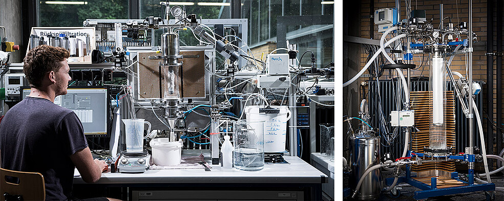 Anhand von kleinen und mittleren Anlagen, wie bspw. diesen Filteranlagen, werden am Institut für Mechanische Verfahrenstechnik und Mechanik (MVM) in der Regel partikelbeladene Strömungen mit Feststoffpartikeln analysiert. Die angewandte Mathematik ergänzt die Verfahrenstechnik durch numerische Simulation der zu erwartenden Partikelströme und erleichtert die Prozessanalyse und -optimierung. (Bild: Markus Breig / KIT)