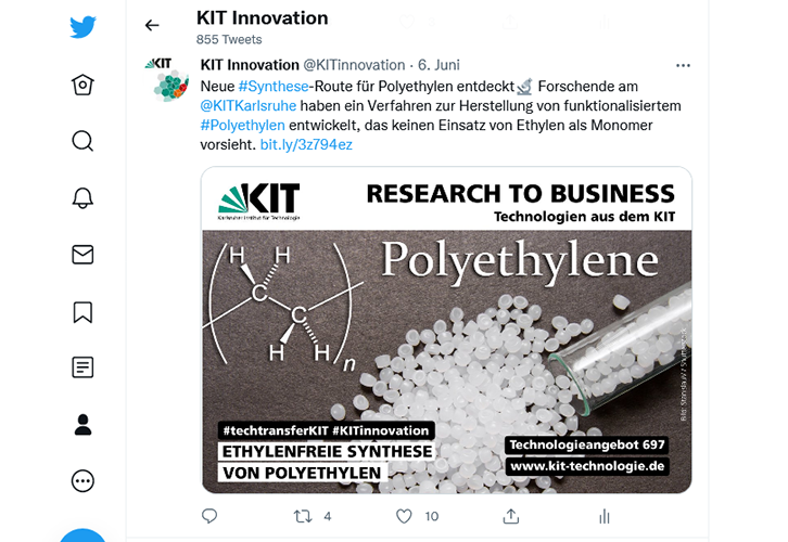 Über soziale Kanäle, wie Twitter, werden Erfindungen und Know-how der Forschenden des KIT regelmäßig präsentiert. Ziel ist es, über die Medienreichweite potenzielle Kooperationspartner zur Weiterentwicklung der Technologien zu erreichen.(Bild: KIT)
