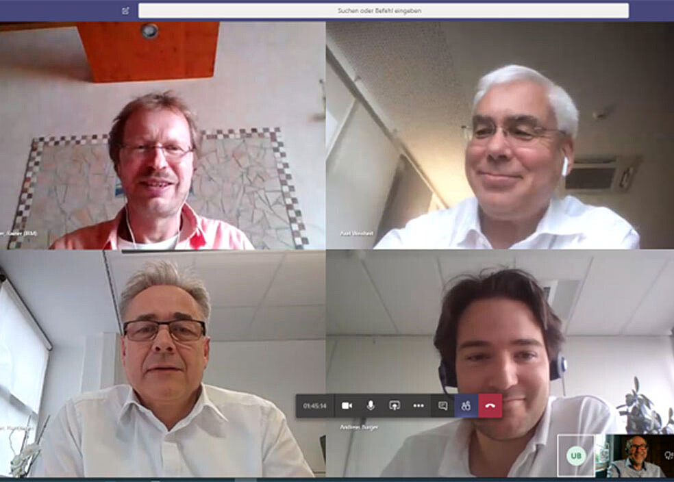 In 2020, the jury meeting was held purely digitally for the first time. This did not detract from the lively discussions about the 30 ideas submitted. From top to bottom: Rainer Körber (#KIT), Axel Weisheit (Baden-Württembergische Bank), Hansjürgen Horter (Pilz GmbH & Co. KG), Andreas Burger (ABB), Dr. Rudolf Simon (M+W Group) and Ulrich Begemann (Voith Group).